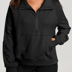 Black Quarter Zip Stand Neck Kangaroo Pocket Sweatshirt