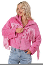 Chaqueta polar con cremallera completa y flecos rosa 