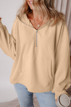 Parchment Fleece Lined Half Zipper Kangaroo Pockets Loose Hoodie