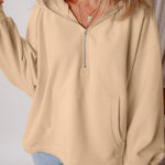 Parchment Fleece Lined Half Zipper Kangaroo Pockets Loose Hoodie