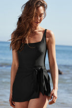 Black Side Tied Waist Square Neck Adjustable Straps A-line One Piece Swim Dress