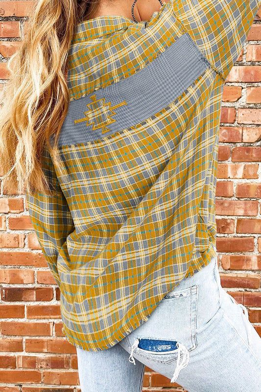 Plaid Embroidery Patch Button-Down Shacket