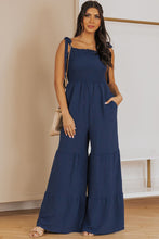 Tie Straps Shirred Bodice Tiered Wide Leg Jumpsuit