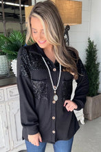 Black Sequin Patch Chest Pocket Corded Shacket