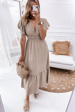 Oatmeal Lace V Neck Ruffled Sleeve Empire Waist Dress