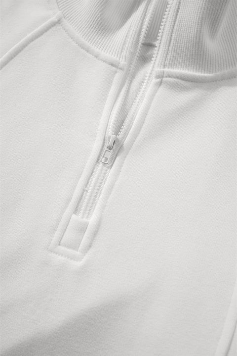 White Zipped Neck Pullover Drop Shoulder Sweatshirt