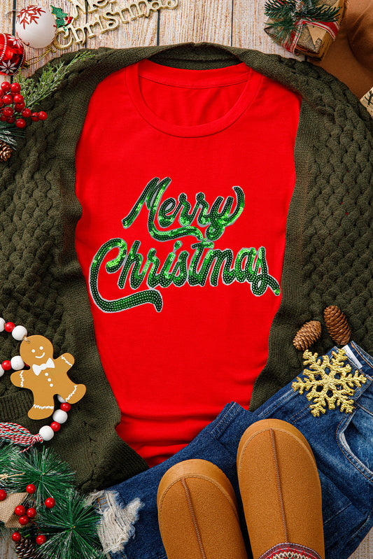 Red Merry Christmas Graphic Crewneck T Shirt