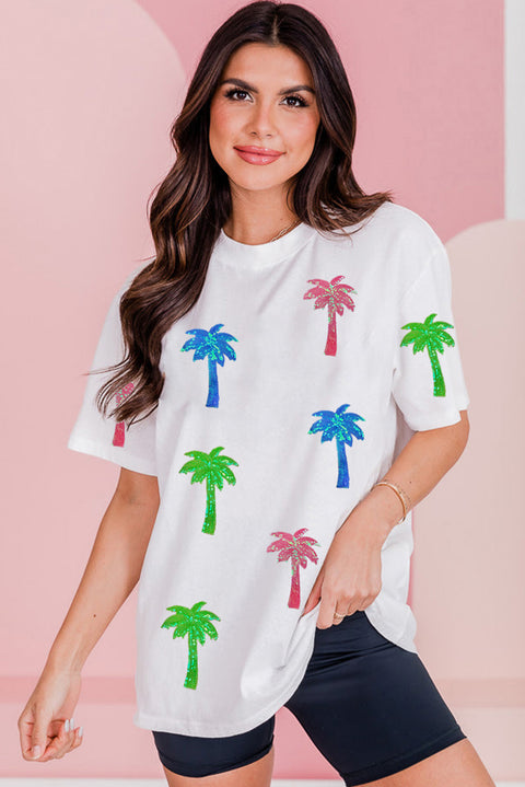 White Sequin Coconut Tree Graphic T Shirt