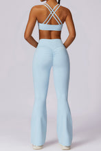 Mist Blue Solid Color High Waist Active Sports Flare Pants