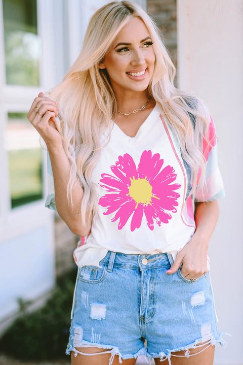 White Daisy Printed Striped Colorblock Sleeve V Neck T Shirt