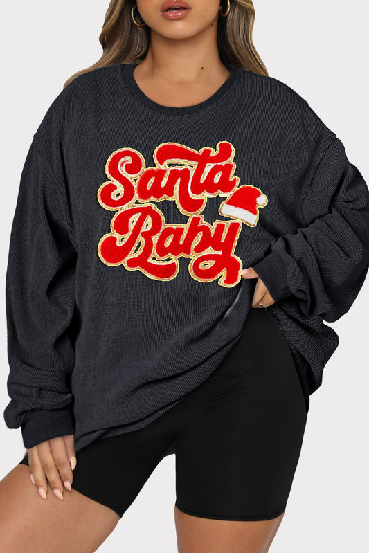 Black Plus Size Santa Baby Christmas Hat Textured Sweatshirt