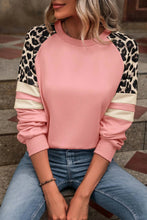 Peach Blossom Leopard Print Colorblock Raglan Sleeve Sweatshirt