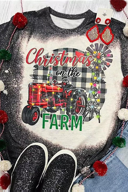 Black Christmas Farm Graphic Bleached T-shirt