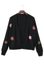 Black Floral Applique Drop Shoulder Bubble Sleeve Cardigan