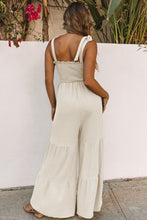 Tie Straps Shirred Bodice Tiered Wide Leg Jumpsuit