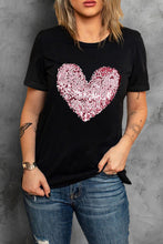 Black Valentine Sequin Heart Shaped Crew Neck T Shirt