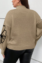 Dark Khaki Plus Size Big Flower Pattern High Neck Drop Shoulder Sweater