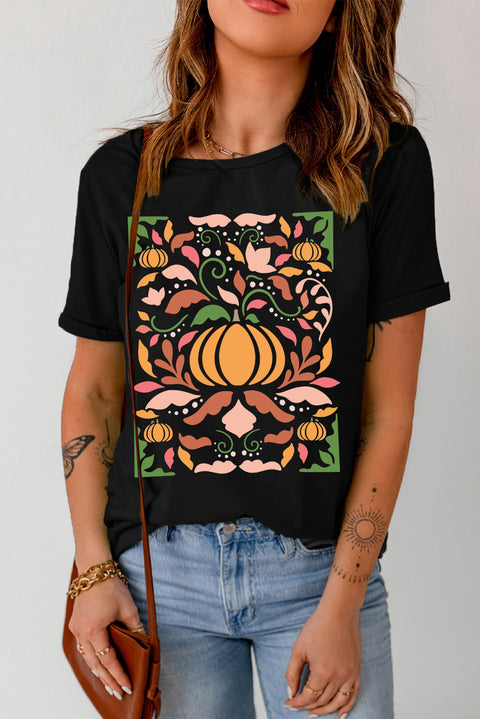 Black Abstract Pumpkin Graphic Crewneck Thanksgiving T Shirt