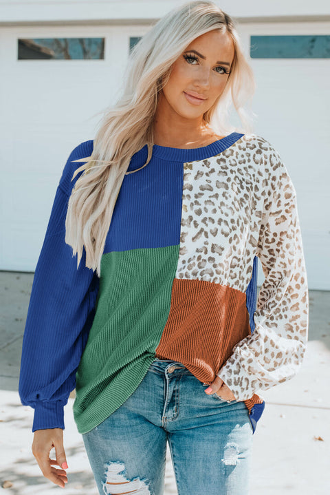 Patchwork Color Block Ribbed Long Sleeve Top