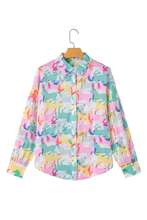 White Colorful Horse Printed Long Sleeve Button Up Casual Shirt