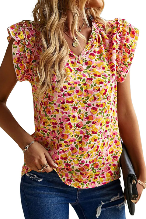 Yellow Floral Print Flutter Sleeve V Neck Tank Top