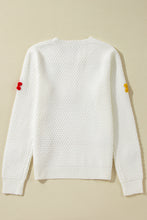 White Colorful Flower Applique Textured Knit Sweater