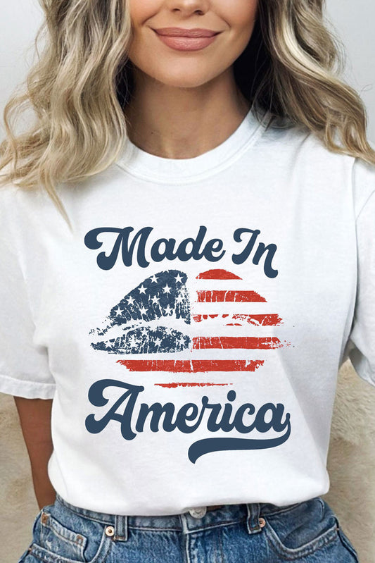 White Made in America Lip Printed O Neck T Shirt