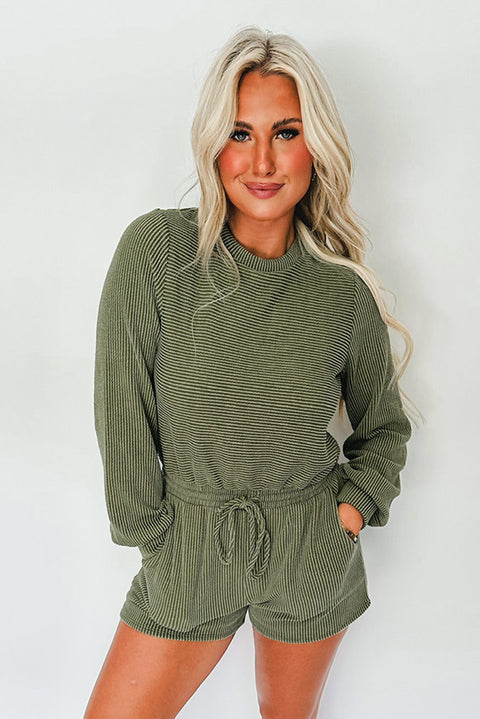 Pickle Green Corded Pullover Long Sleeve Drawstring Romper