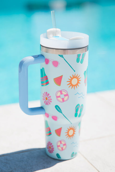 Light Blue Beach Day Fun Pattern Cup with Handle 40oz