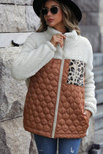 Chestnut Sherpa Quilted Leopard Patchwork Stand Neck Zip Up Jacket