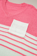 Strawberry Pink Contrast Stripes V Neck Knitted Short Sleeve Top