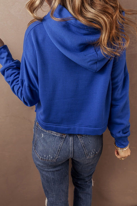 Dark Blue Solid Drop Shoulder Drawstring Cropped Hoodie