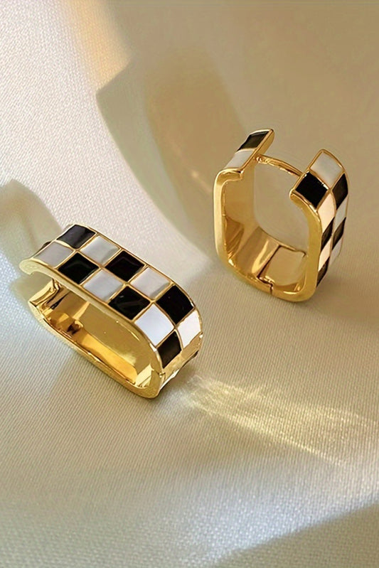 Gold Checkered Pattern Small Hoop Earrings