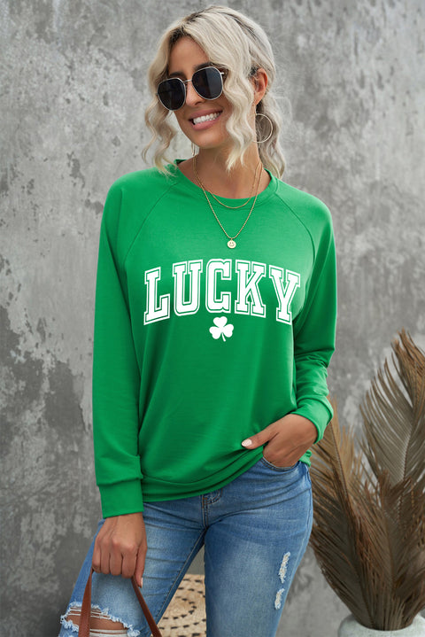 Green St. Patricks LUCKY Clover Print Raglan Sleeve Sweatshirt