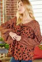 Brown Contrast Leopard Print Bubble Sleeve Blouse