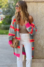 Stripe Printed Ribbed Long Knitted Cardigan