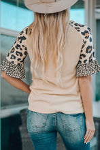 Khaki Western Pattern Leopard Patchwork Waffle Knit T Shirt