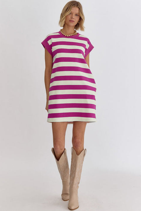 Rose Stripe Cap Sleeve Pocketed Shift T-shirt Dress