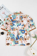 Multicolour Floral Print Ricrac Trim Collared Puff Short Sleeve Shirt