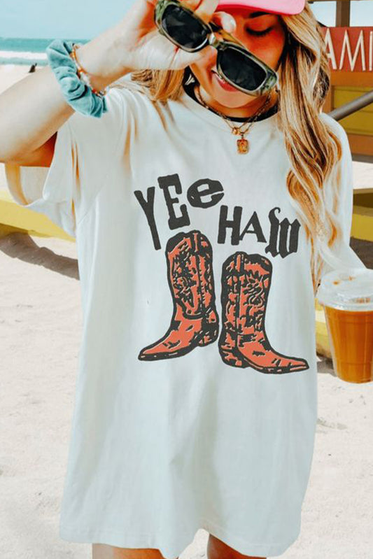 White Yee Haw Cowboy Boots Graphic Vintage Western Oversized Tee