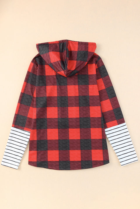 Christmas Plaid Striped Patchwork Drawstring Hoodie