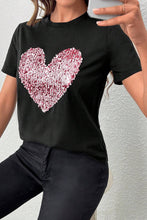 Black Valentine Sequin Heart Shaped Crew Neck T Shirt