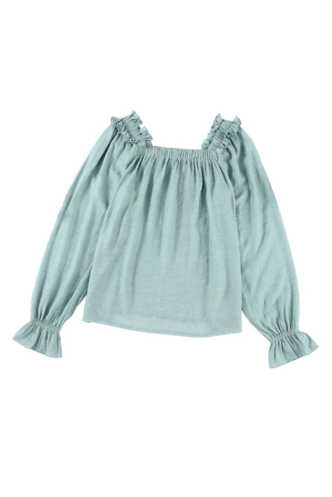 Green Ruffled Square Neck Cuffs Long Sleeve Blouse