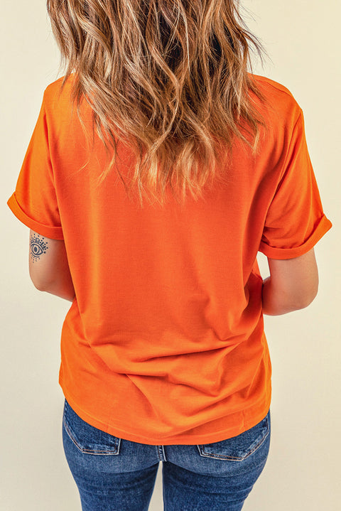 Orange Thanksgiving Pumpkin Pattern Crew Neck Short Sleeve Top