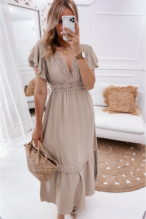 Oatmeal Lace V Neck Ruffled Sleeve Empire Waist Dress