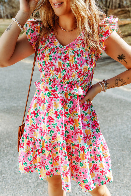 Vestido floral con ribete de volantes y corpiño fruncido multicolor