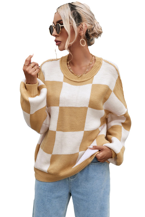 Khaki Checkered Bishop Sleeve Sweater