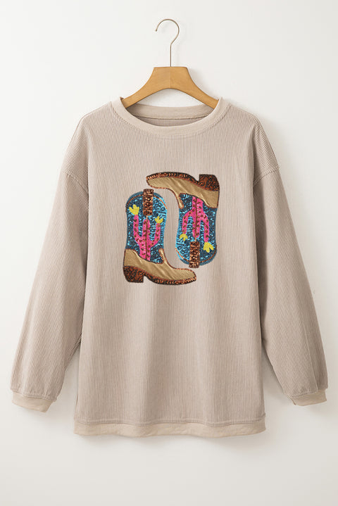 Smoke Gray Western Cowboy Boots Graphic Corded Loose Sweatshirt