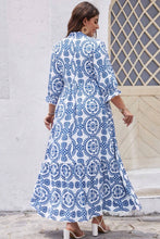 Sky Blue Geometric Print Lace-up Notch Neck Plus Size Maxi Dress