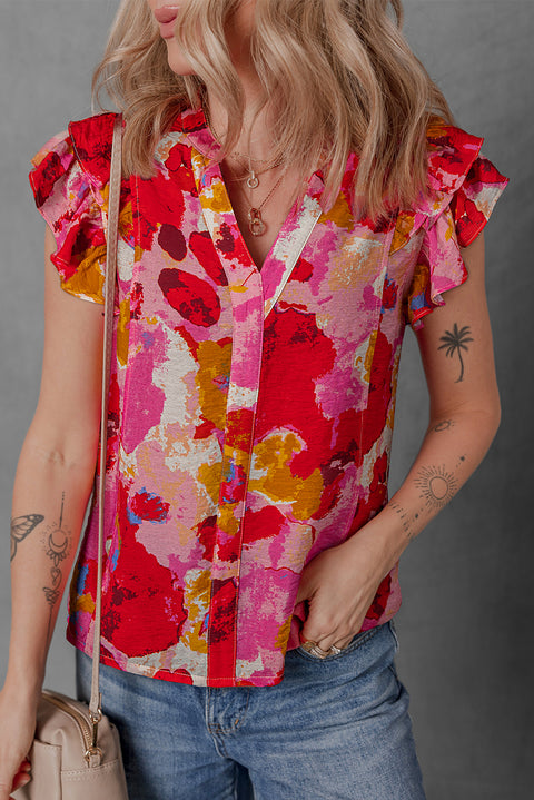 Red Abstract Print Split V Neck Ruffle Short Sleeve Blouse